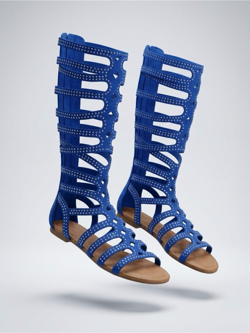 Women's Royal Blue Knee-High Gladiator Sandals with Stud Accents